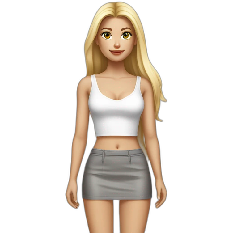hyperrealistic caucasian blonde, long straight hair, white deep v-neck crop tanktop, gray tight mini skirt emoji