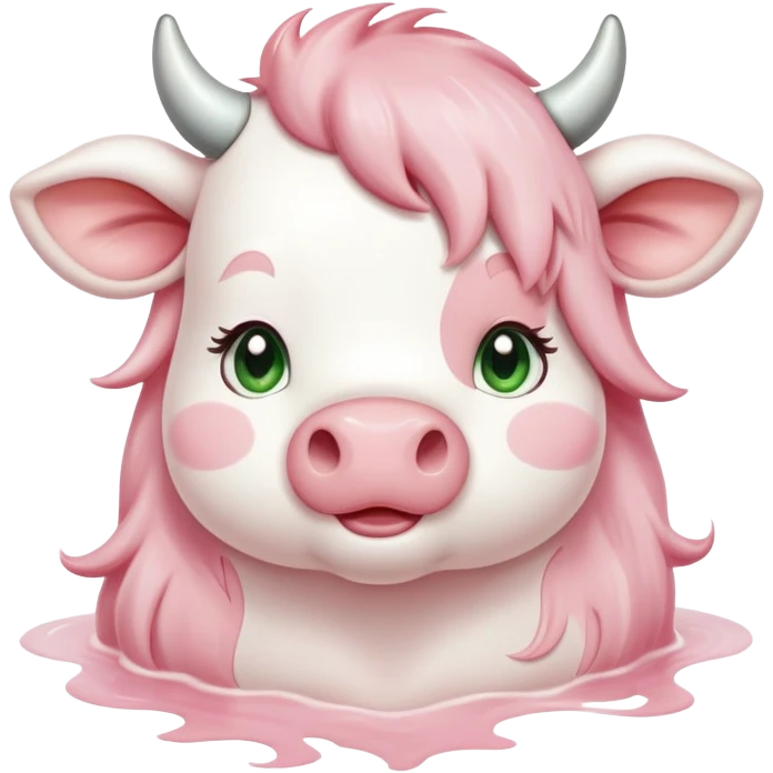 She is a soft and sweet strawberry milk cow, her fur a delicate blend of creamy white and pastel pink, with the pink forming gentle, swirling patches over her chubby, huggable body. Her long, silky hair, lowing waterfall of blush round rosy cheeks. She has large, expressive green eyes. emoji