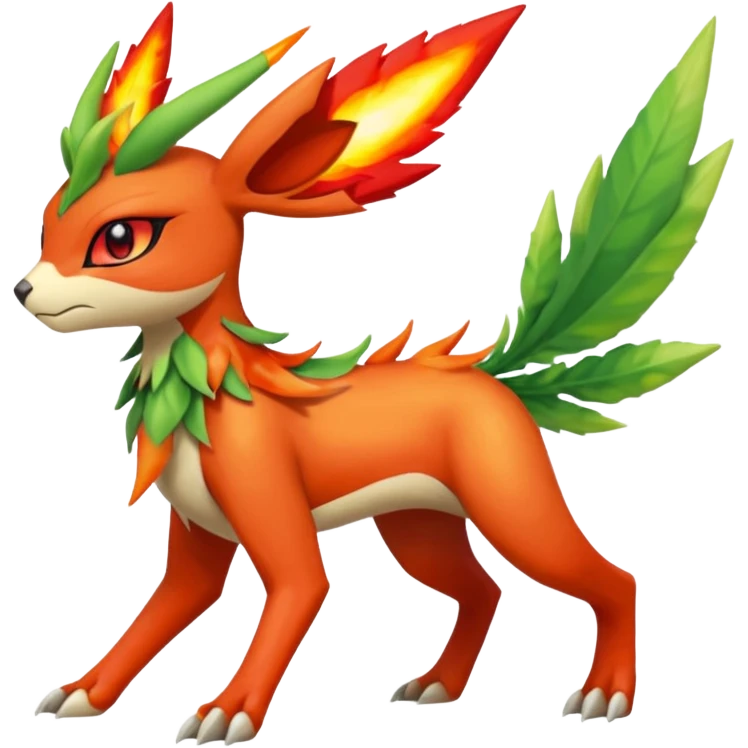 Elemental angry fiery Shaymin-Leafeon-Sceptile-Flygon-Meloetta-Pokémon-Fakémon-fusion, full body emoji