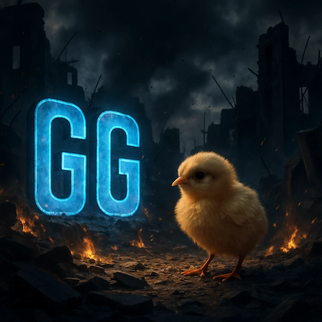 A small chick in an apocalyptic environment with large, bright blue letters 'GG' prominently displayed, dramatic and contrasting style, dark and impactful atmosphere, conveying a sense of hope amidst chaos and ruins. emoji