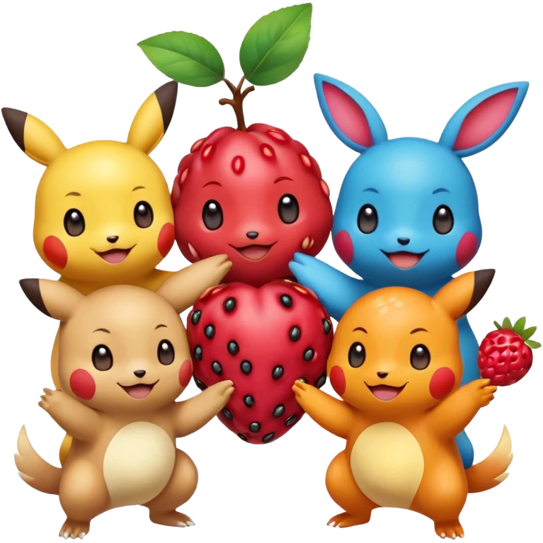 Three Pokémon characters showing kindness and teamwork. One Pokémon is handing a berry to another, while the third Pokémon is cheering and clapping happily. They look joyful and friendly, standing close together in a bright, colorful cartoon scene. The style is cute, playful, and emoji-like. emoji
