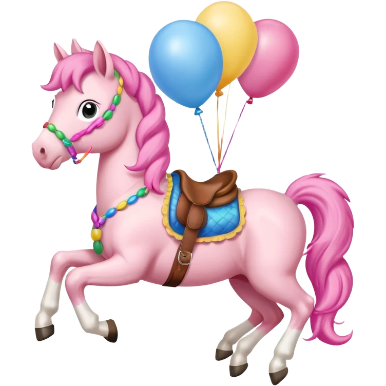pinky pie mlp holding colorful balloons tied to its saddle, looking cheerful. emoji
