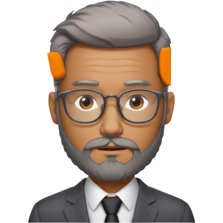Create a figure that reflects an experienced entrepenurr but who has professional and elegant clothing, without hair, grey glasses, brown eyes and an unkempt beard  emoji