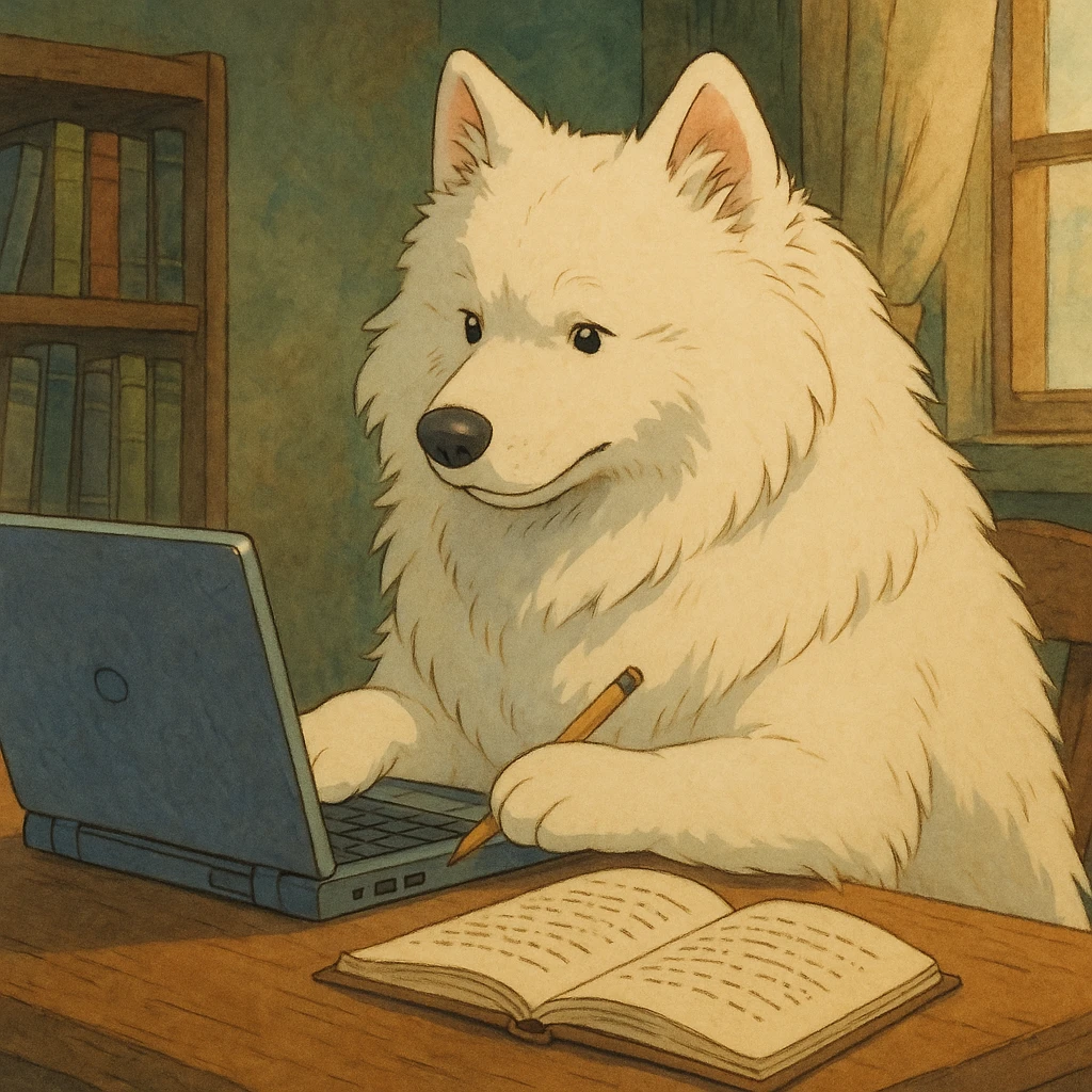 Samoyed writing a novel using a laptop emoji