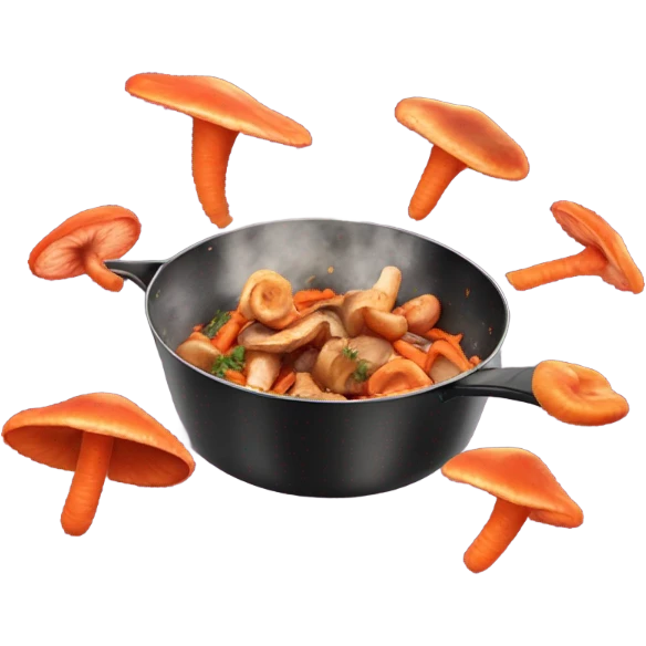 mushroom, carrots steak pieces   in pan in air, tossed in the air  emoji