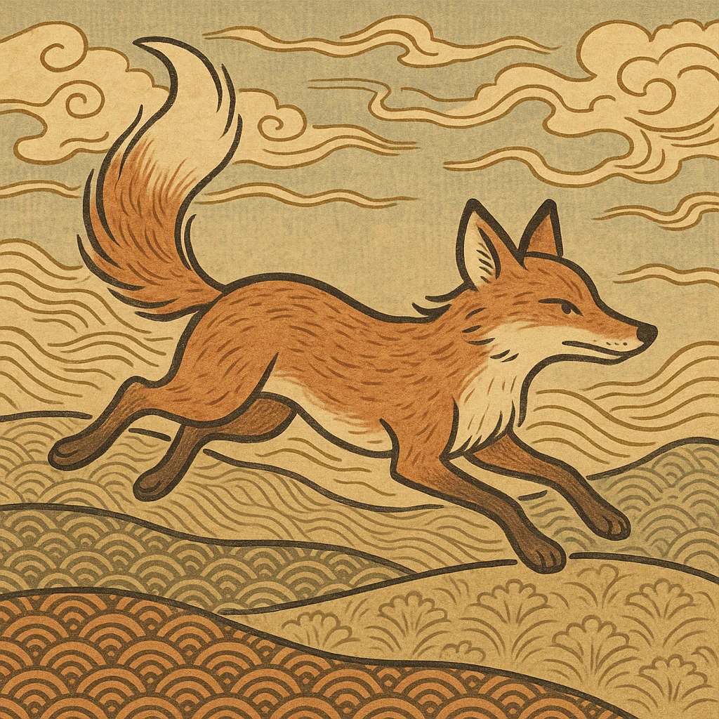 fox running with tail high, japanese ukiyo-e style emoji