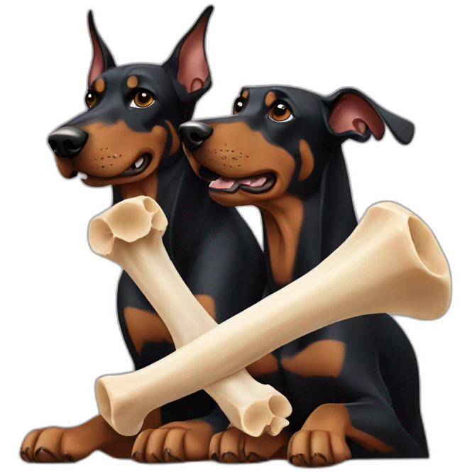 Two doberman's fighting over a big bone while cuddling  emoji