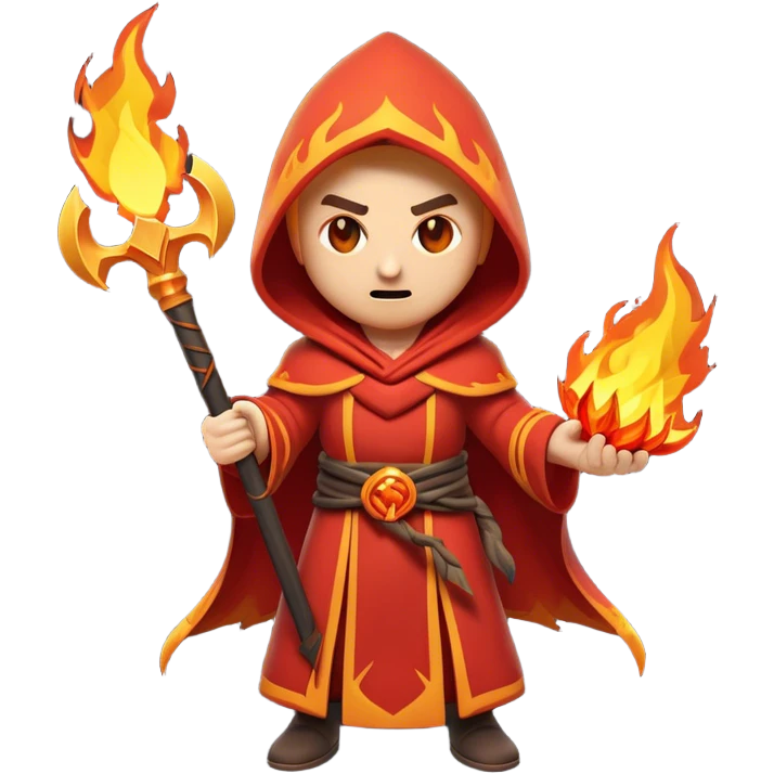 Clash of Clans aesthetic: Cinematic Ferocious Fire Mage Hero Emoji, rendered in a 3D vector-style similar to standard emojis with minimal shading and bold, simplified shapes. A compact, isometric figure draped in flowing, charred and ember-lined robes, wielding a fiery staff crackling with intense flames. Eyes burning with an infernal glow, exuding raw, untamed power. Simplified yet unmistakably iconic, highly detailed and consistent, glowing with a fiery, molten radiance and high shine. Stylized with a touch of menacing sorcery and a searing, ember-infused outline, capturing the essence of a wrathful mage ready to unleash devastating fire magic! emoji