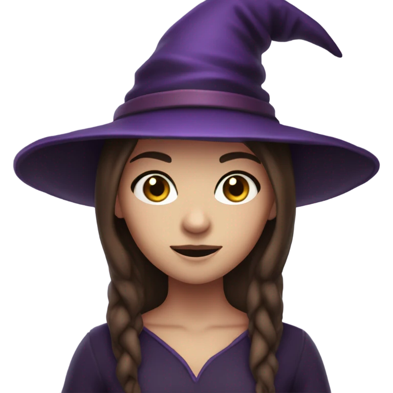 a young white thin girl with straight brown hair and dark eyes dressed as a witch with purple hat emoji