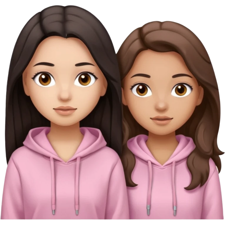 A pretty girl with light skin and long straight black brown hair, wearing a very light pink basic hoodie with brown eyes and makeup and a round face with another girl with tan skin and very wavy brown hair emoji