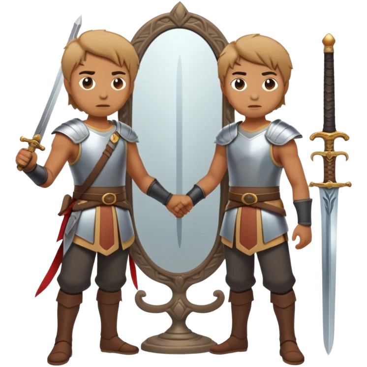 A person standing in front of a mirror, looking at their own reflection, while a sword lies on the ground beside them. The mirror represents self-awareness and acceptance emoji