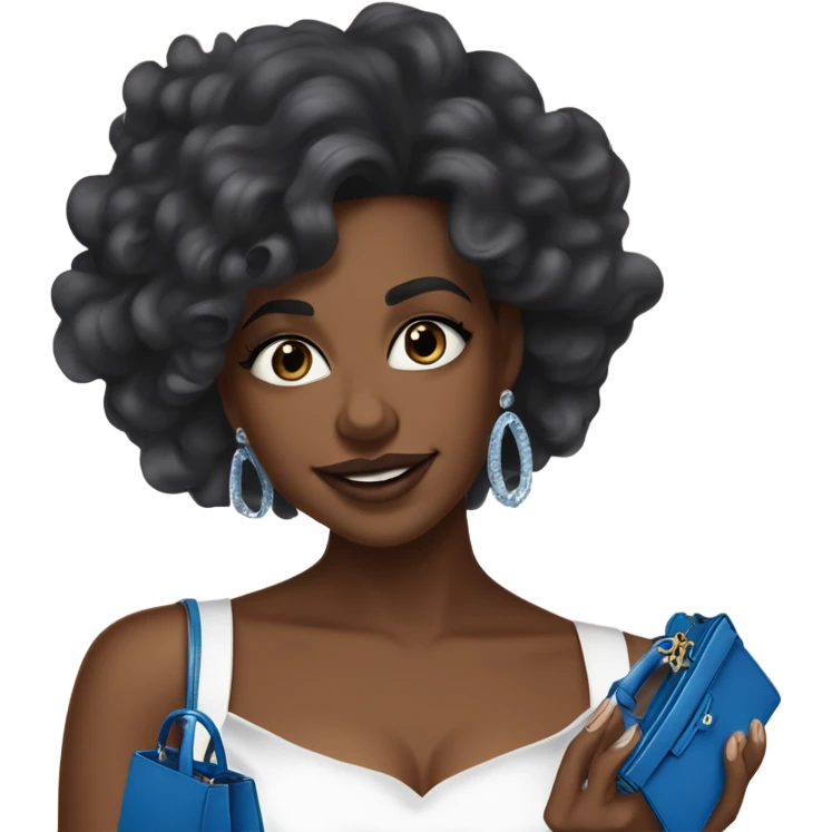 Brown Black woman in her mid-20s with blowout curls, wearing a white dress, holding a blue mini Hermes Kelly BAG, and a 7-carat ring. A White  man with blue eyes, dark grey hair, mustache, and an expensive watch, smiling at her.” emoji