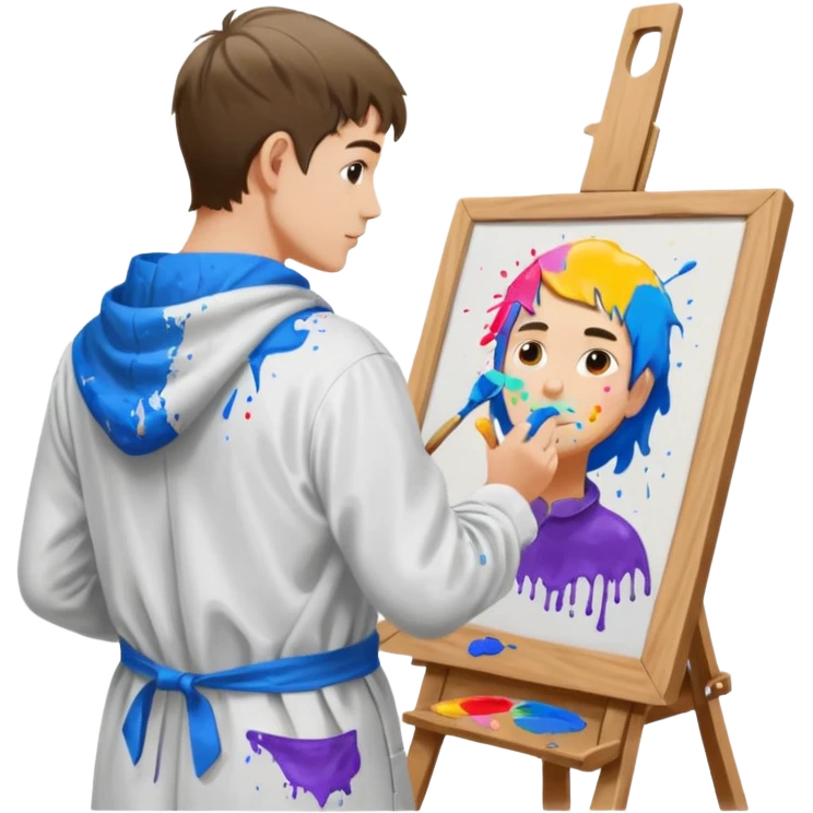 the white artist stands with his back to the painting, painting a portrait emoji