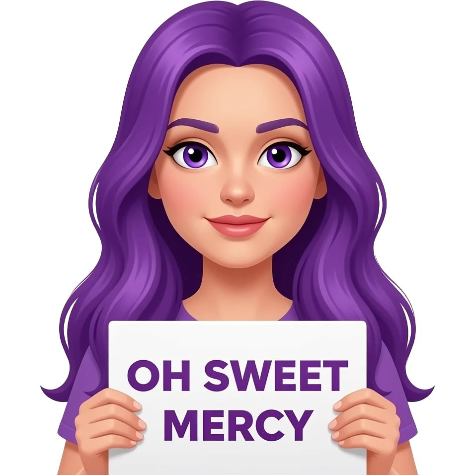 sexy girl with long purple hair and purple eyes holding a OH SWEET MERCY sign emoji