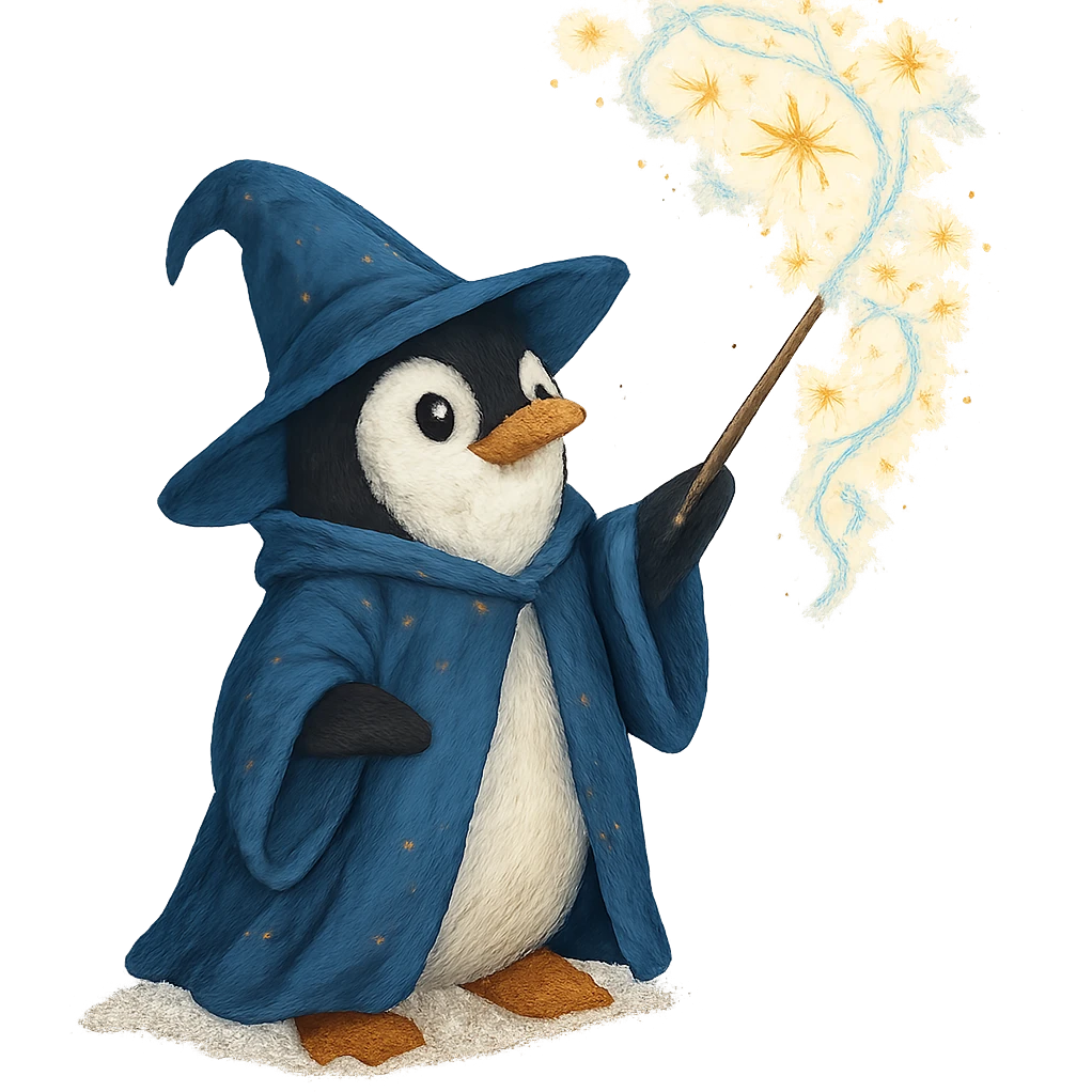 penguin wizard casting a spell with magical sparkles emoji