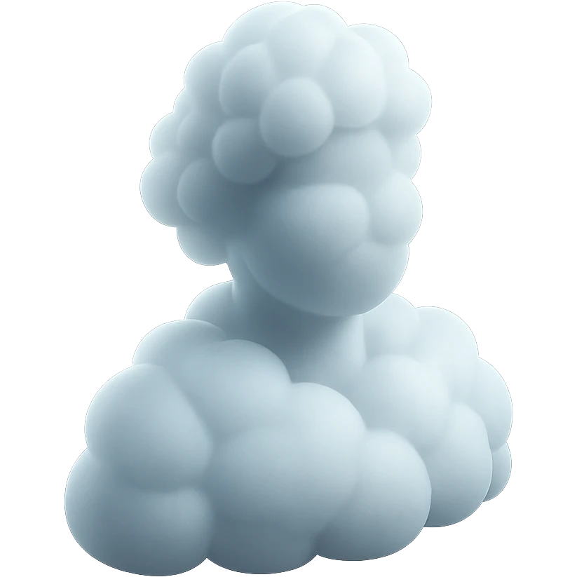 person made entirely of white fluffy convex clouds, shoulder up, front view, matte glass style emoji