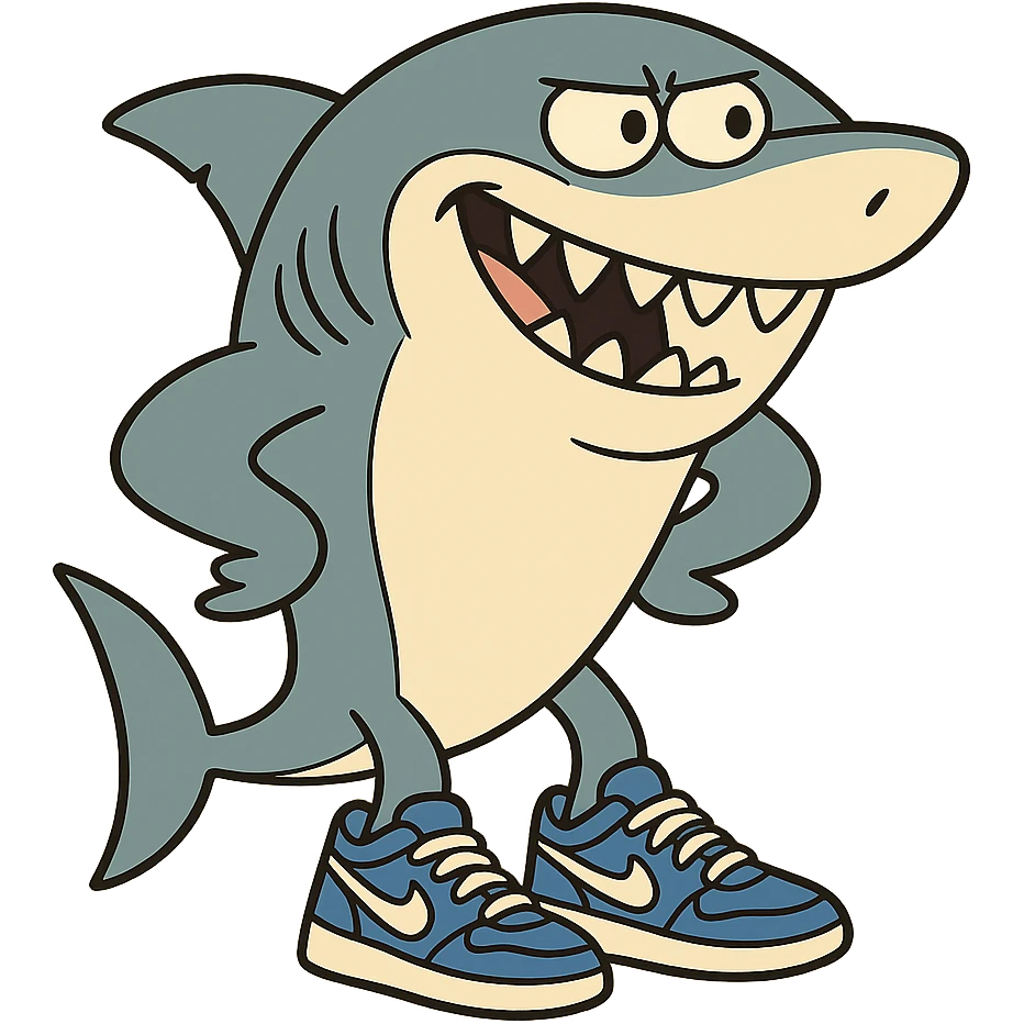 a cartoon shark wearing blue Nike sneakers, playful and bold, vibrant colors emoji