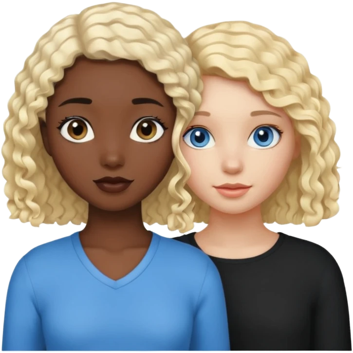 Girl best friends, one white with blond bob and blue eyes, one black with long black curly hair emoji