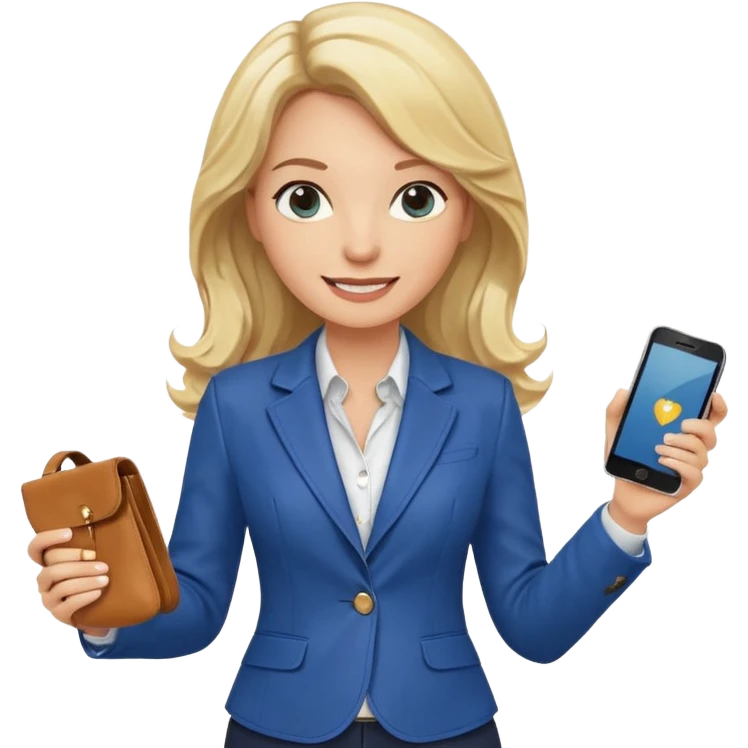 Confident and outgoing female entrepreneur, Caucasian features, medium-length wavy blonde hair, big friendly smile, expressive eyes, wearing a fitted blue blazer over a light blouse, holding a smartphone in one hand and a leather handbag in the other, waist-up, front-facing emoji