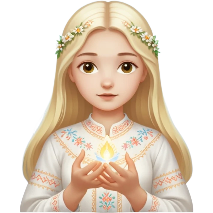 Young Ukrainian girl with blonde hair wearing a traditional white embroidered shirt (vyshyvanka) gently holding a glowing ethereal light representing the soul in her hands emoji