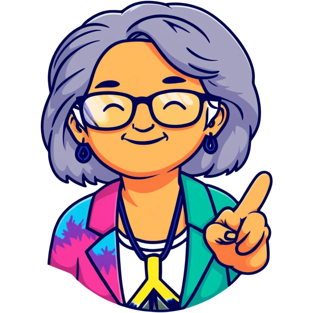 Elderly woman with long gray hair, peace sign necklace, colorful tie-dye clothing, round glasses, hippie grandma with a relaxed smile emoji