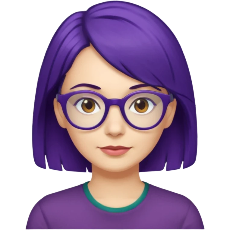 Cartoon 50-year-old youthful woman with purple glasses, brown eyes, and indigo hair to her shoulders in a dark green shirt. emoji