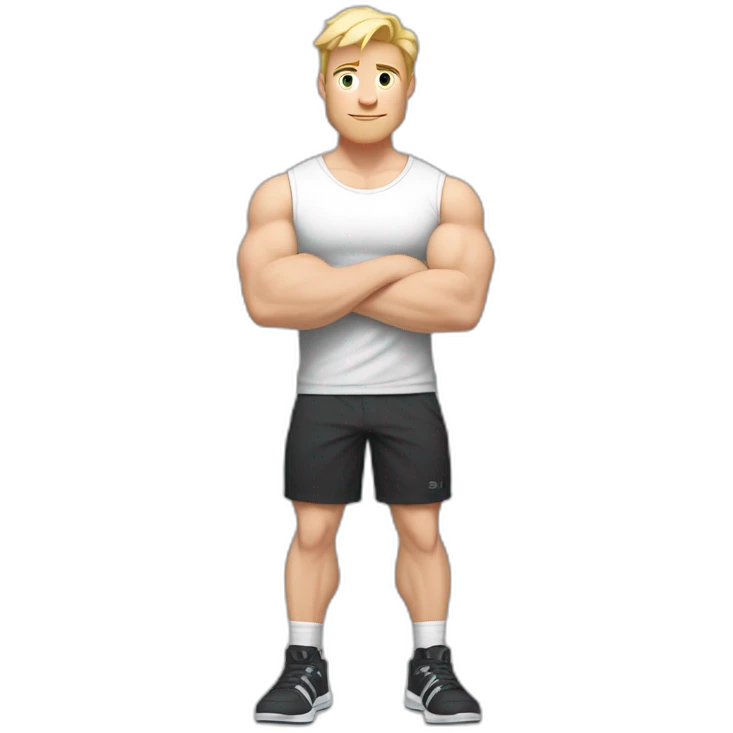 Full height Pale skinned fit man With Wide jaw, biceps and blonde hair In dark gray sleeveless mike, black oversize sports shorts, watch and white sneakers. his arms crossed over his chest emoji
