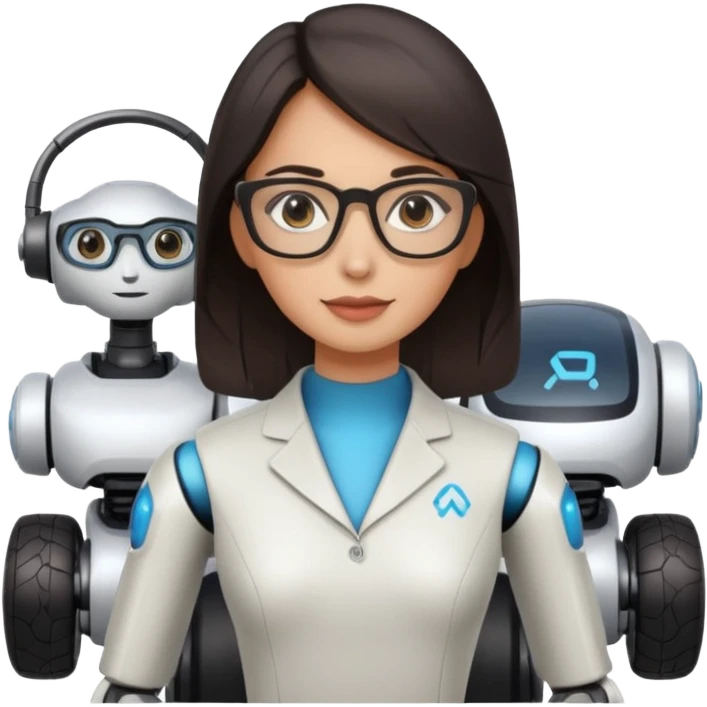 female AI robotics engineer with dark hair, and autonomous car robot  emoji