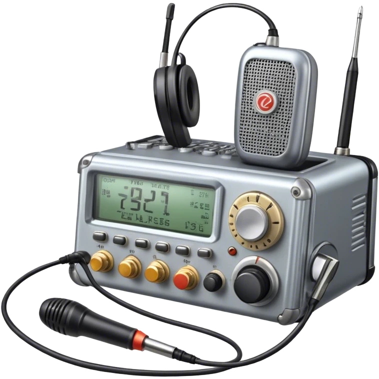 A photorealistic icon featuring a ham radio transceiver, headphones, microphone, antenna, radio equipment like soldering tools and cables, soldering iron in use. The design includes detailed textures and realistic lighting. Transparent background. emoji