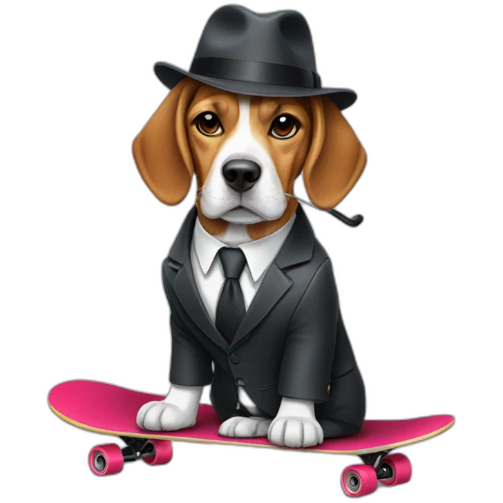 beagle in suit with a hat and umbrella on a skateboard emoji