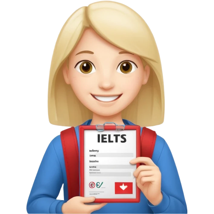 студентка радостная после успешной сдачи экзамена IELTS на 7.0 смотрит свои результаты на сертификате с текстом IELTS на белом фоне  emoji