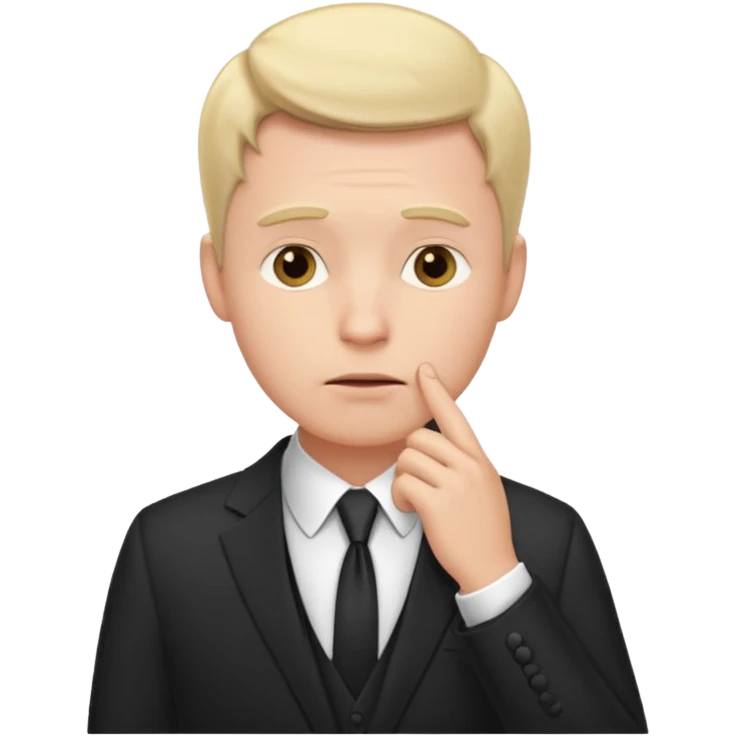 white man in formal suit thinking hard, hand to mouth emoji