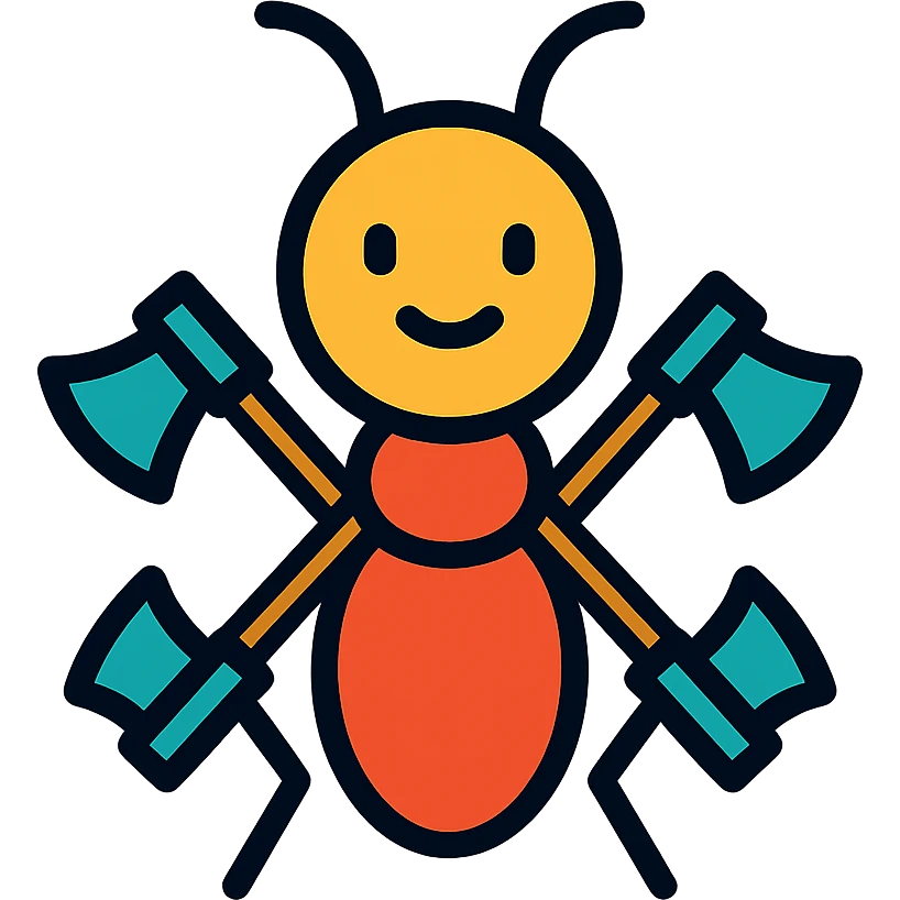 an emoji of an ant with body and legs made out of axes, color outline icon style emoji