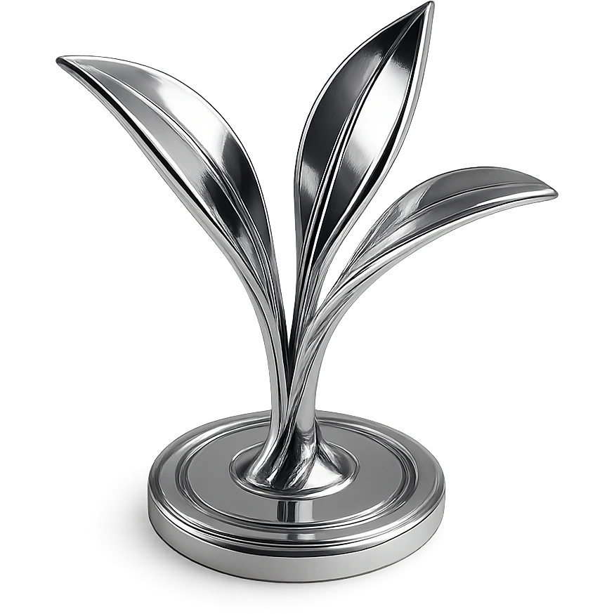 abstract chrome plant with three curved petals rising from the earth, radiant and polished emoji