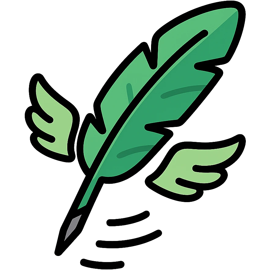 digital sticker of a flying feather quill, semi-realistic vector art style, clean outlines, flat green black and gray colors, slight shadows, arranged for a sticker sheet emoji