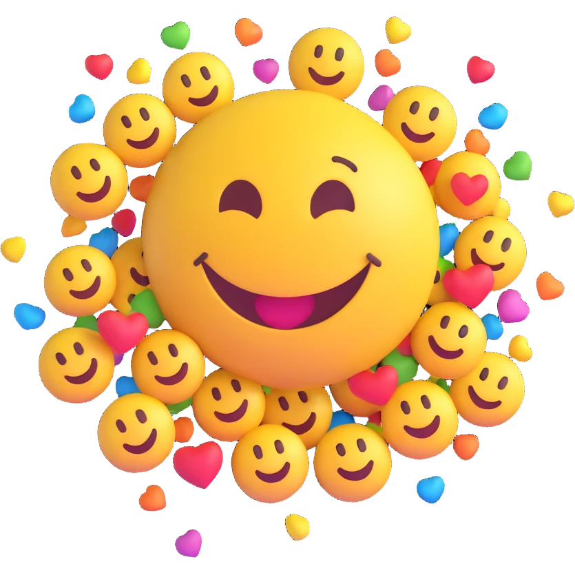 3D smiley emoji, round shape, in love: heart confetti, smiling face, no body emoji