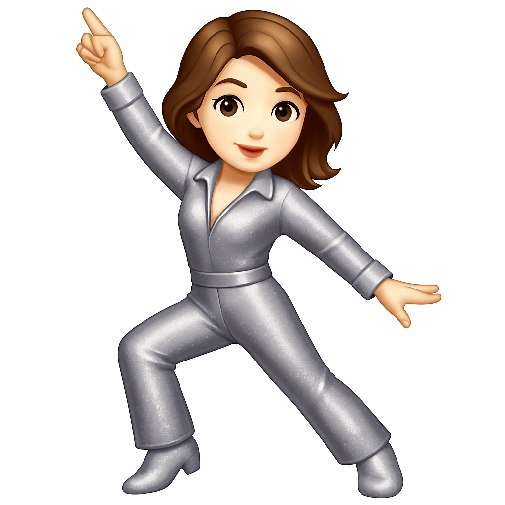 Make the woman do the exact pose of the 🕺🏻 emoji (one arm up, one arm out, one leg bent), keep white skin, brown hair, sparkly jumpsuit, emoji style emoji