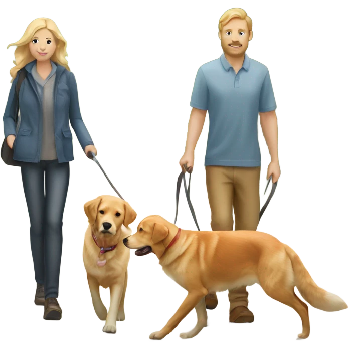 man walking fox red Labrador and woman walking English cream retriever emoji
