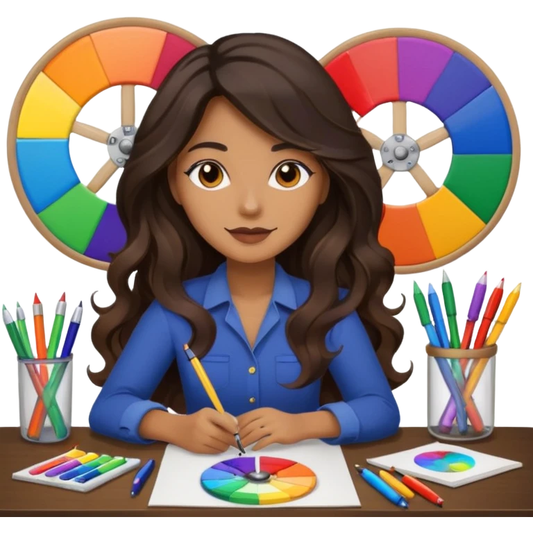 female dark wavy long hair graphic designer , color wheel, pens, papers , desktop emoji
