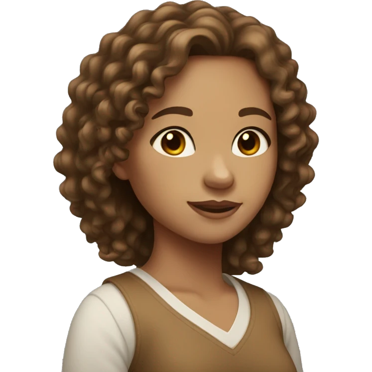 A girl with long brown curly hair with light skin tone emoji