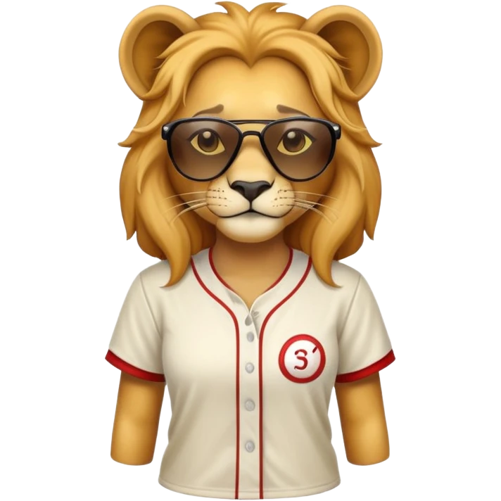 head and shoulders close-crop of a confident female lion wearing a baseball shirt and dark sunglasses emoji