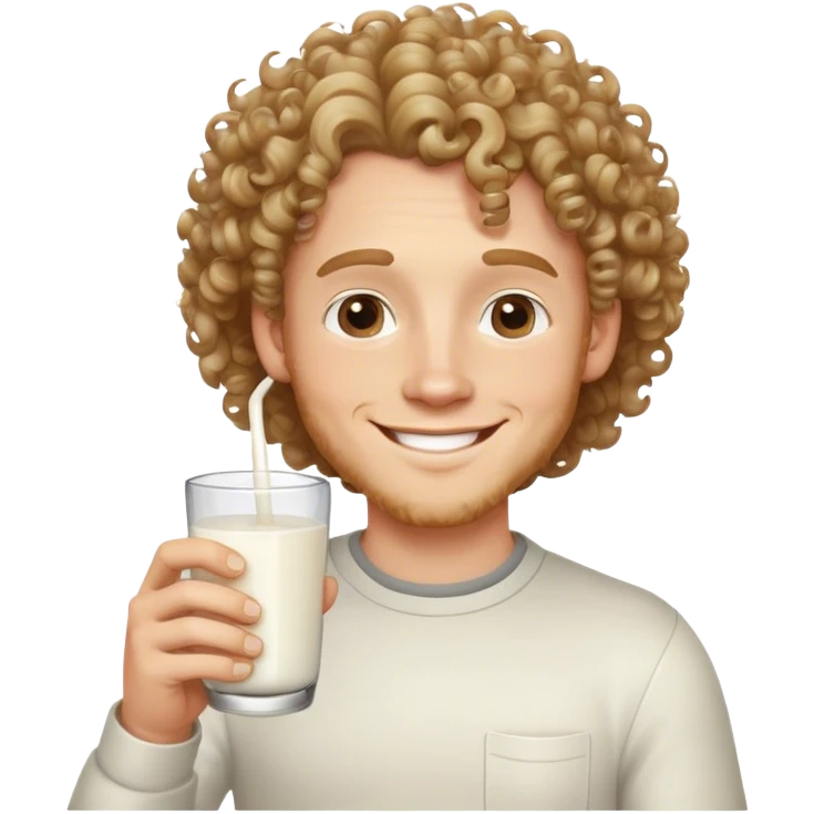 White man with curles holding milk and smiling emoji