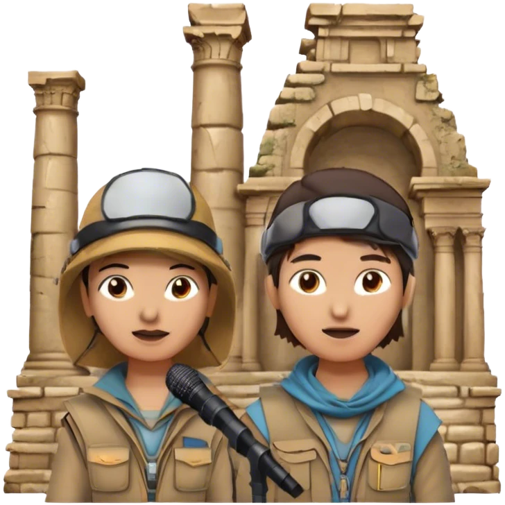 Icon for Documentary Film: A TV-style design with a traveler speaking in front of ancient ruins. Include details like a microphone, the traveler in casual explorer attire, and the ruins in the background. Capture the atmosphere of an informative journey through history. Transparent background. emoji