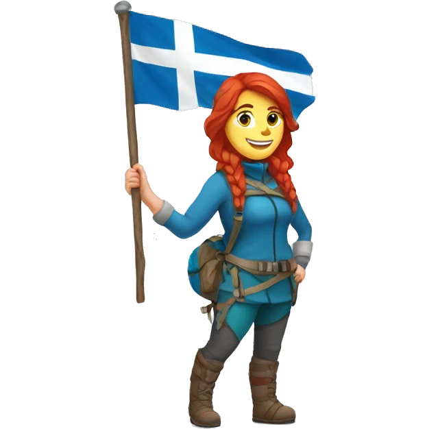 female winter mountaineer red hair holding greek flag and easter egg emoji