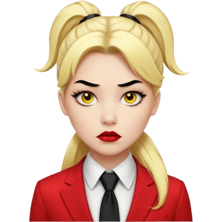 Woman with porcelain white skin, black lips, thick blonde hair that's in a thick long ponytail, a black nose, yellow scleras, red pupils, and a red suit with a black tie. Demon emoji