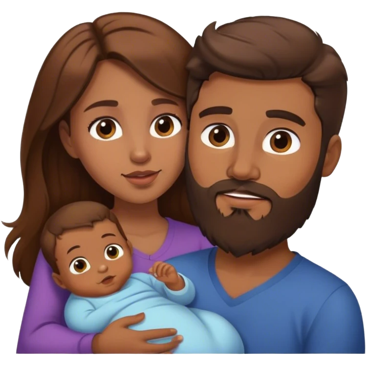 1 fils 1 bébé   Une femme  cheveux long brun  1 homme  brun barbu  emoji