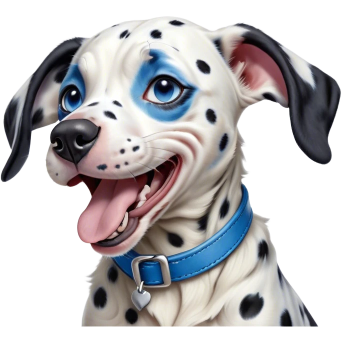 Cinematic Cute Yawning Harlequin Dalmatian Portrait Emoji, Head tilted slightly with a dramatic, wide-open yawn, showcasing a smooth Fur of predominantly white with bold black patches, floppy ears slightly drooping, round blue eyes barely open in drowsy contentment, Simplified yet irresistibly adorable features, highly detailed, glowing with a soft, cozy glow, high shine, relaxed yet expressive, stylized with a touch of whimsy, bright and endearing, soft glowing outline, capturing the essence of a sleepy yet affectionate guardian, so drowsy it feels like it could stretch out of the screen and curl up for a nap! emoji