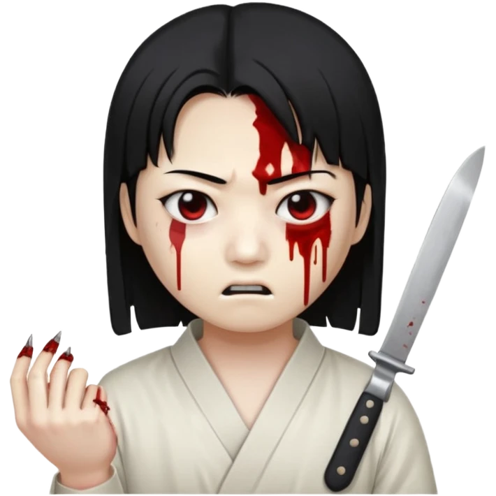 Korean murderer white skin with Asian eyes and holding a small mini kitchen knife with black straight hair with also one eye is blind covered with blood  emoji