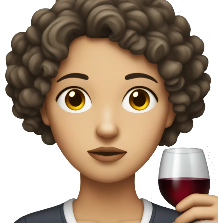 Sad White Woman with curly dark brown hair drinking wine emoji