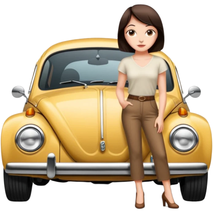 Pretty, sexy, slightly curvy white woman with short dark brown hair, beside a VW beetle emoji